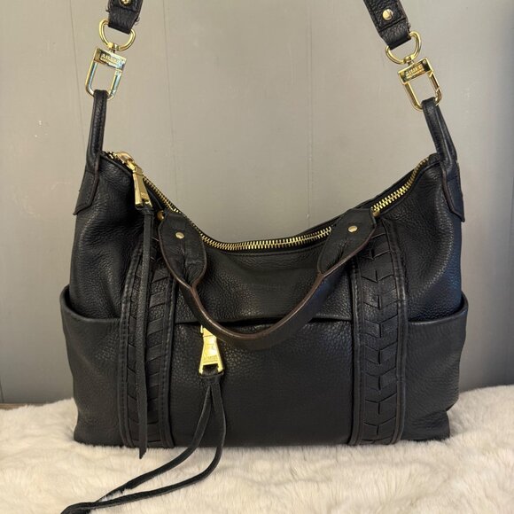 Aimee Kestenberg Black Pebbled Leather Satchel Tote Bag With Gold Hardware - Picture 2 of 13